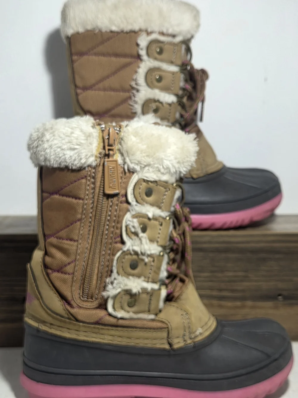Khombu Girls Ada Faux Fur Trim Winter Snow Boots - Brown & Pink - Size 12M